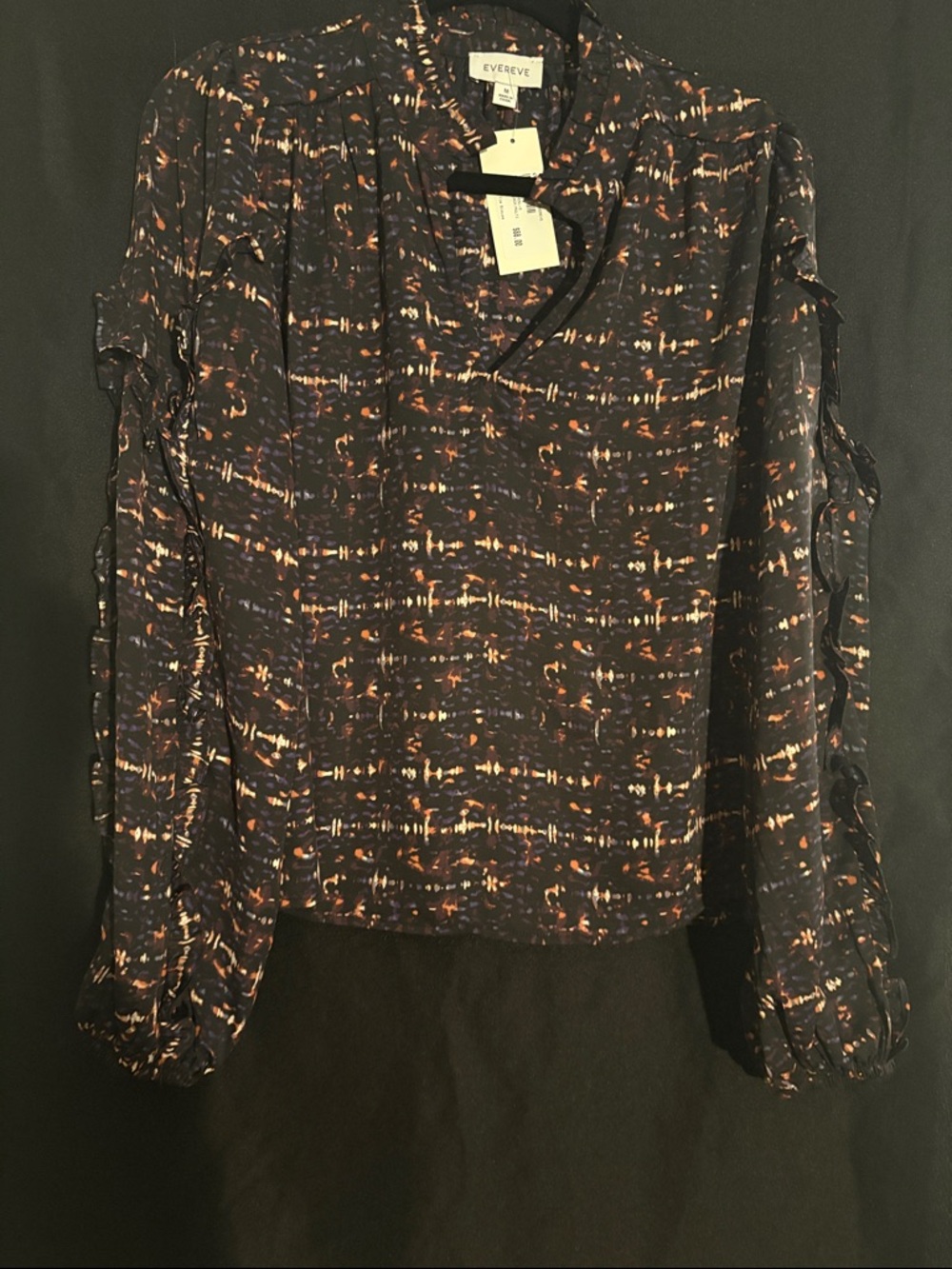 Evereve Black Blouse with Orange and Blue Abstract Print